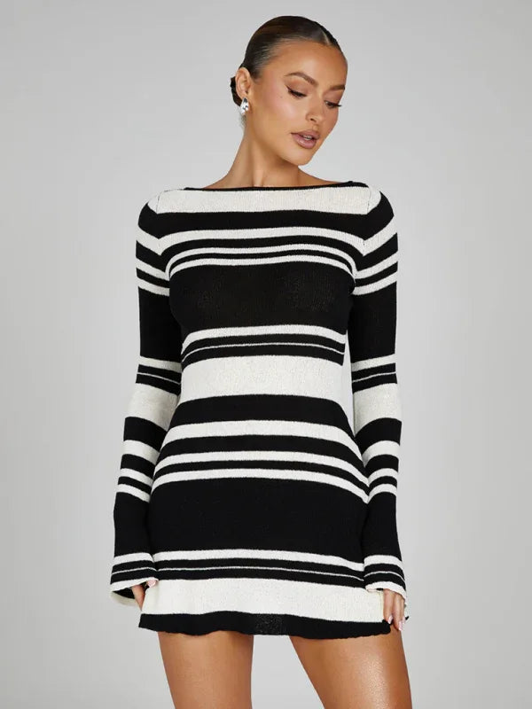 Women's Striped Bell Sleeve Dress - Backless Slim Knitted Design - Shello's Creative Boutique