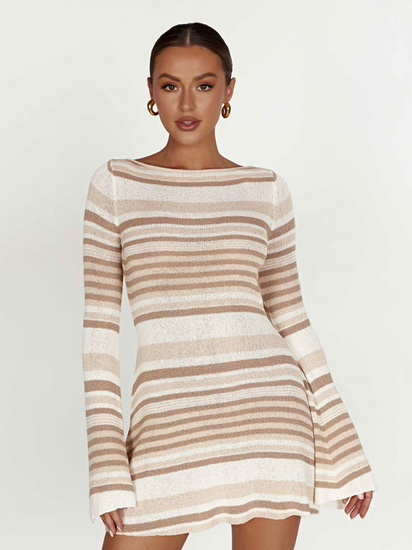 Women's bell sleeves backless striped slim knitted dress Shello's Creative Boutique