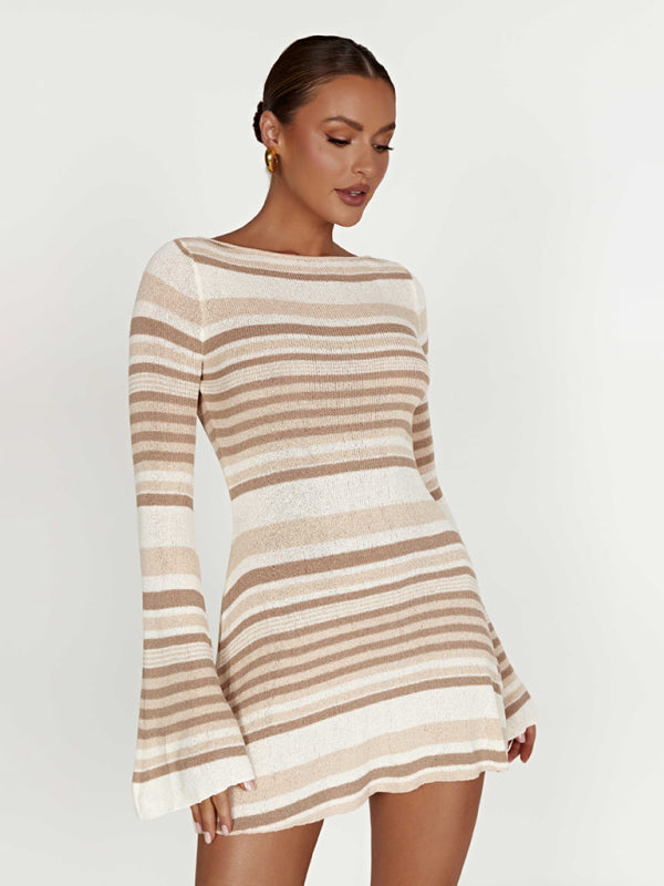 Women's bell sleeves backless striped slim knitted dress Shello's Creative Boutique