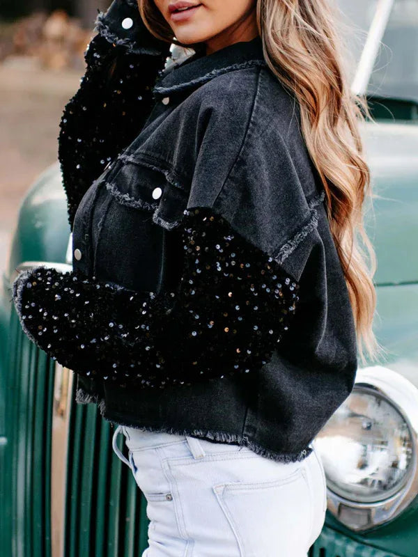 Women's Sequined Short Denim Jacket - Shello's Creative Boutique