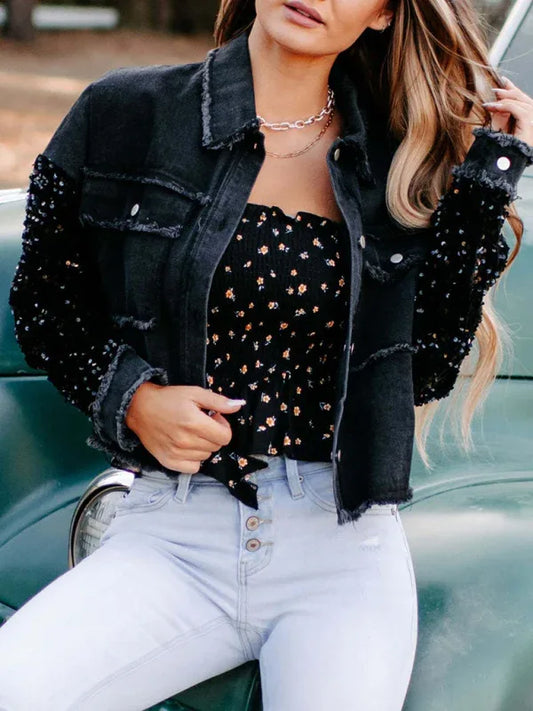 Women's Sequined Short Denim Jacket - Shello's Creative Boutique