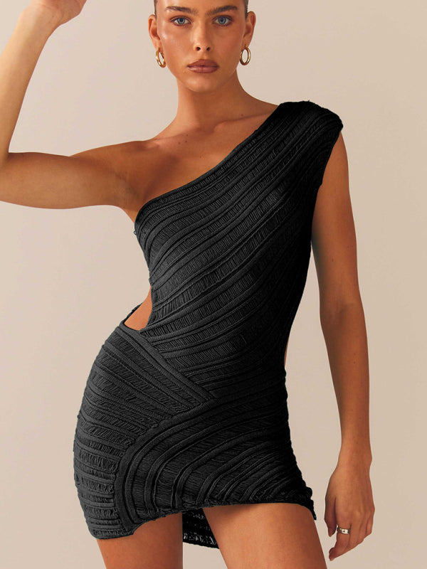 Hollow sexy tight short skirt with hollowed waist and one shoulder patchwork dress Shello's Creative Boutique