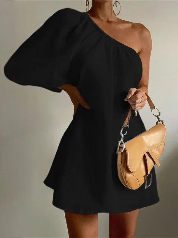 Women's Solid Colour Fashionable Loose Slimming Slanted Shoulder Short Dress - Shello's Creative Boutique
