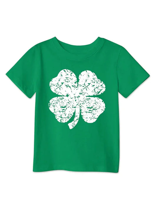 New style green clover printed loose pullover short-sleeved T-shirt for boys and girls - Shello's Creative Boutique