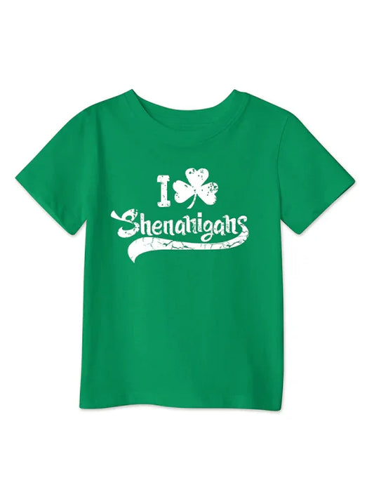 New style green clover printed loose pullover short-sleeved T-shirt for boys and girls - Shello's Creative Boutique