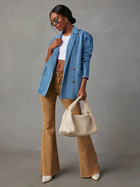 New Vintage Light Color Heavy Washed Denim Suit Jacket - Shello's Creative Boutique