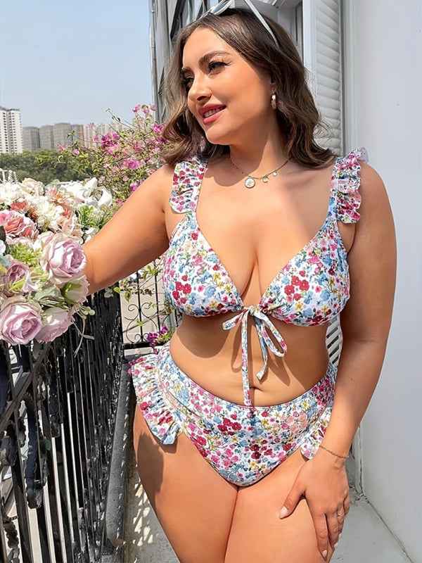 New Plus Size Sexy Split Swimsuit with Floral Lace Bikini - Confidence and Elegance for Spring-Summer