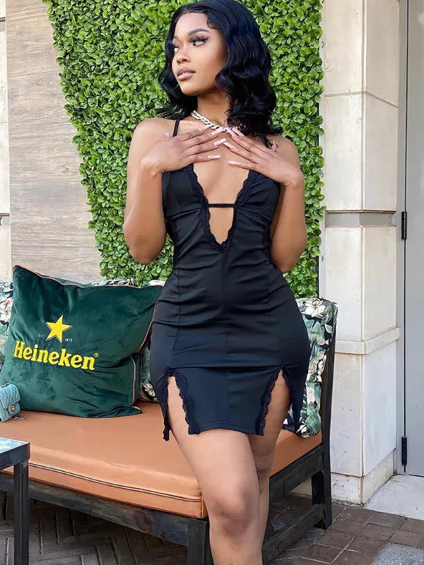 New sling hollow street trendy lace splicing slit hip dress - Shello's Creative Boutique
