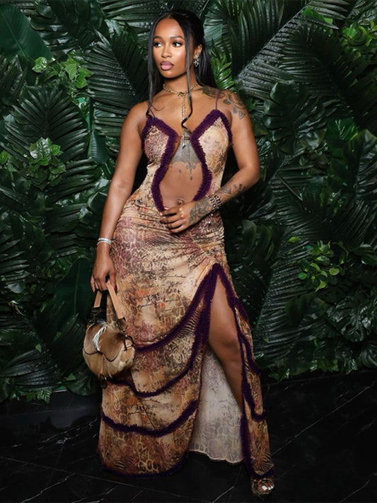 New suspender hollow pleated lace slit dress Shello's Creative Boutique