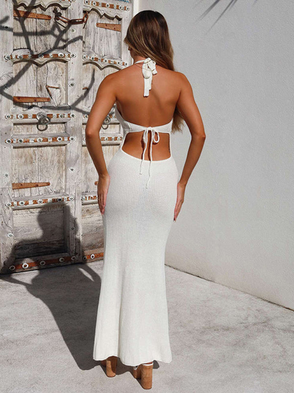 New women's fashionable halterneck sexy low-cut backless knitted hollow see-through dress Shello's Creative Boutique