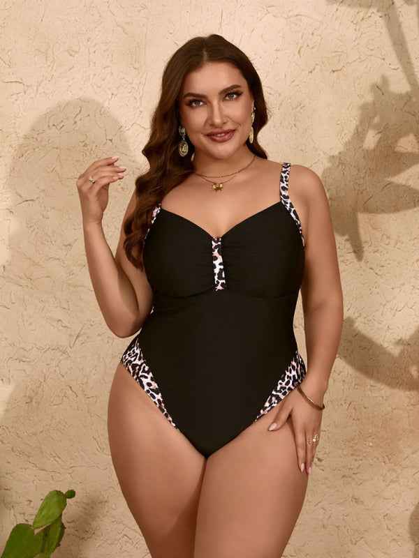 Plus Size Pure Black Leopard Print One-Piece Slim Bikini Swimsuit