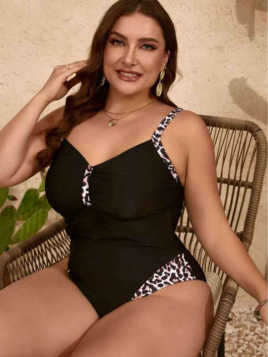 Plus Size Pure Black Leopard Print One-Piece Slim Bikini Swimsuit