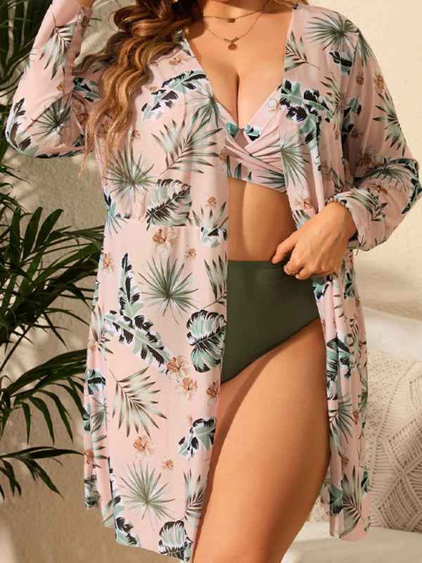 Large Size Printed Mesh Three-Piece Bikini Swimsuit