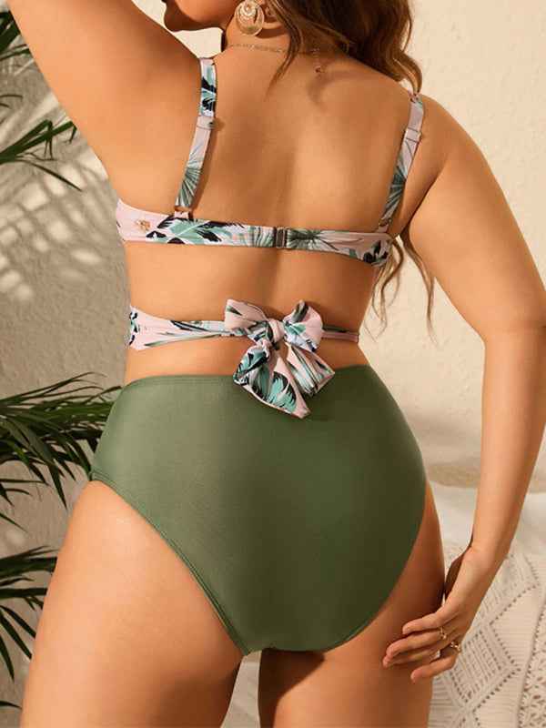 Large Size Printed Mesh Three-Piece Bikini Swimsuit