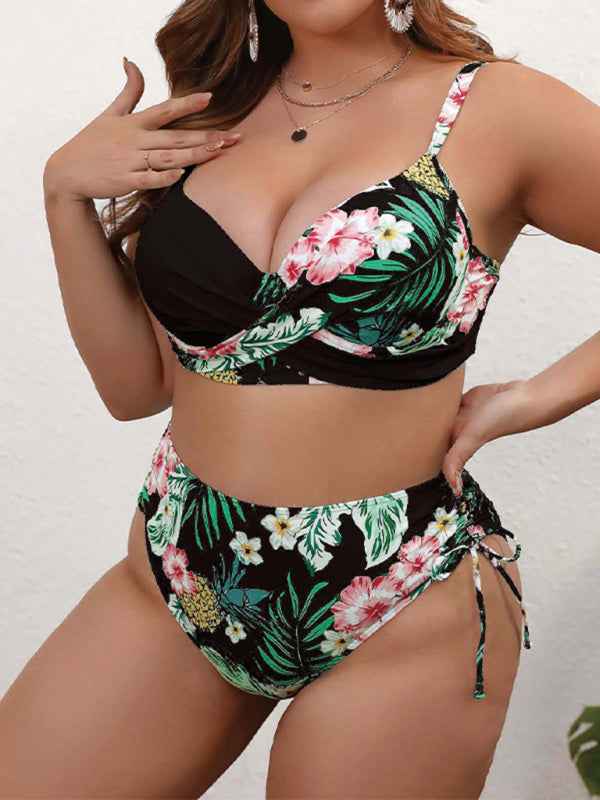 Plus Size Drawstring Floral Tankini
