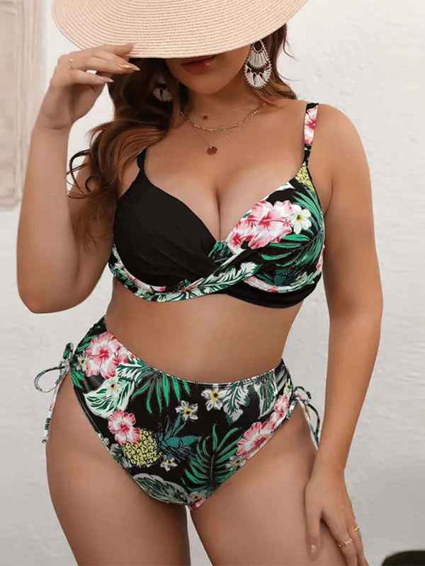 Plus Size Drawstring Floral Tankini