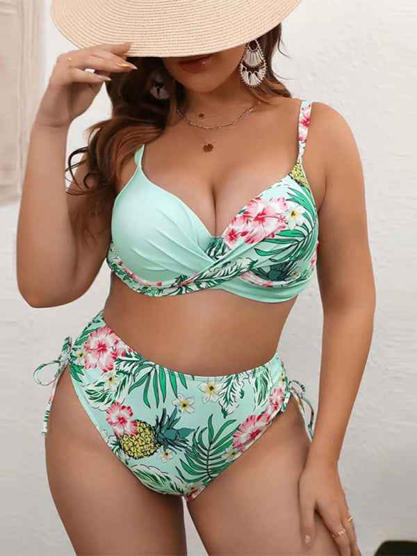 Plus Size Drawstring Floral Tankini