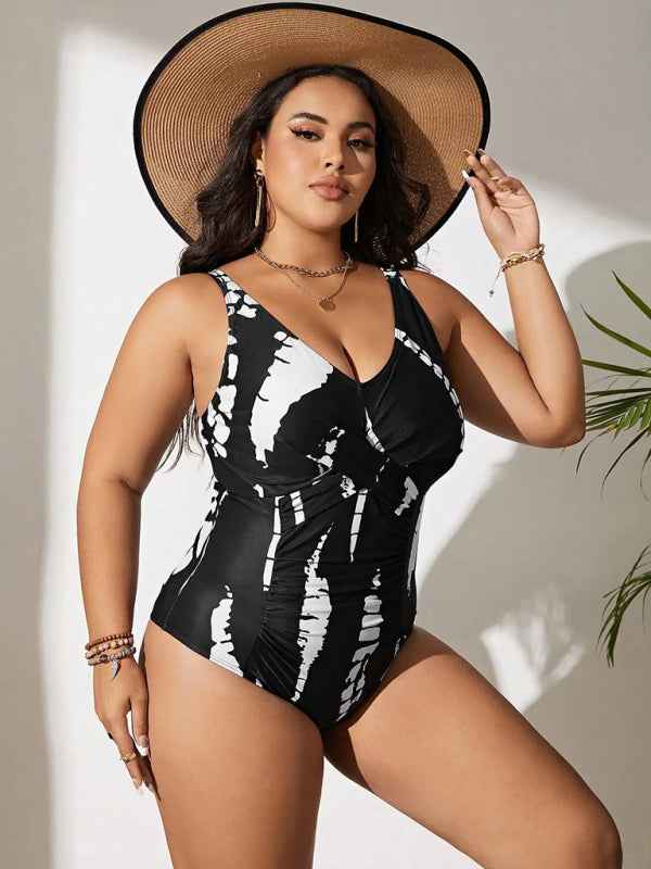 Plus Size Black and White One-Piece Slim Bikini Swimsuit