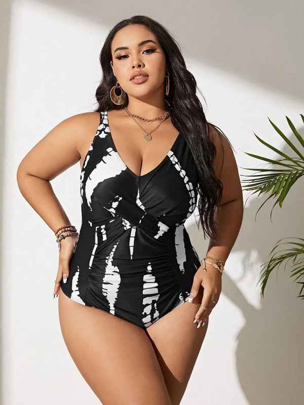 Plus Size Black and White One-Piece Slim Bikini Swimsuit