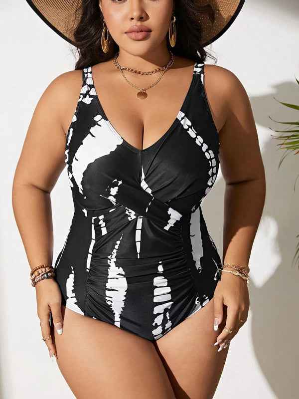 Plus Size Black and White One-Piece Slim Bikini Swimsuit