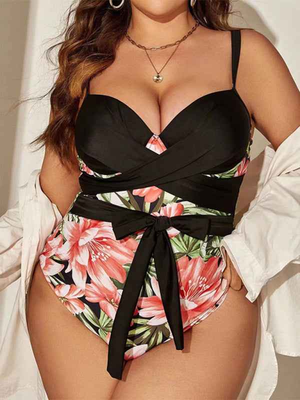Large Size Sexy Printed Hip-Covering Strappy One-Piece Swimsuit