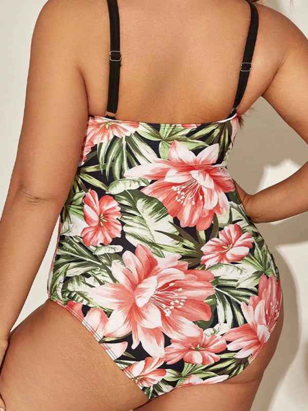 Large Size Sexy Printed Hip-Covering Strappy One-Piece Swimsuit