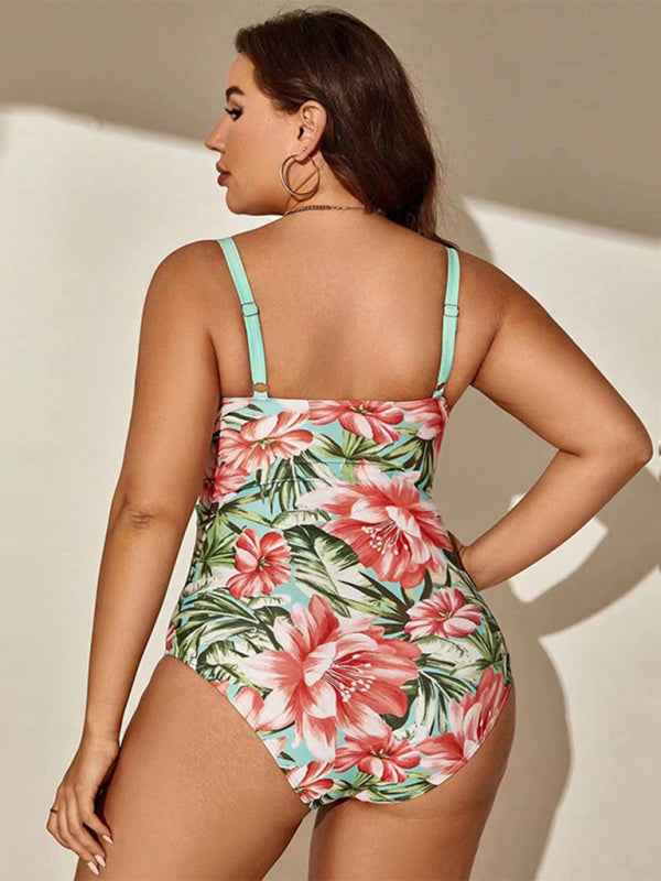 Large Size Sexy Printed Hip-Covering Strappy One-Piece Swimsuit
