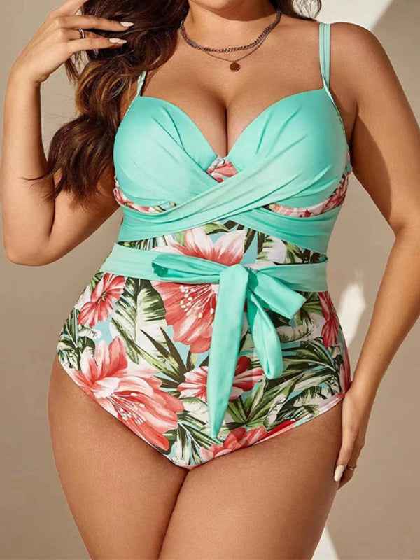 Large Size Sexy Printed Hip-Covering Strappy One-Piece Swimsuit