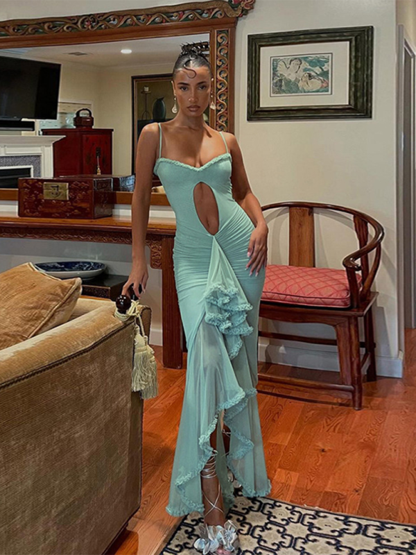 Women's new style hollow solid color slit irregular suspender dress Shello Creative Boutique