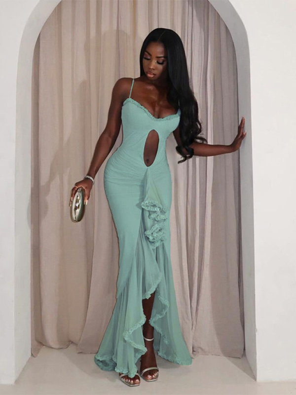 Women's new style hollow solid color slit irregular suspender dress Shello Creative Boutique