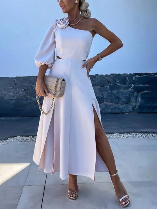 New Casual Party Dress with Slanted Shoulder Slit and Double Layer Design - Shello's Creative Boutique