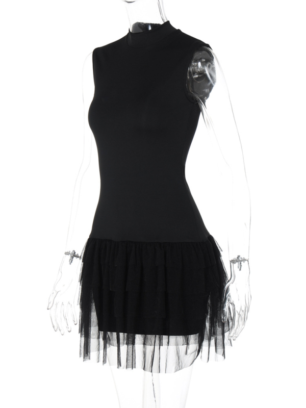 Women's new fashion fashion stand collar sleeveless waist solid color splicing dress Shello's Creative Boutique