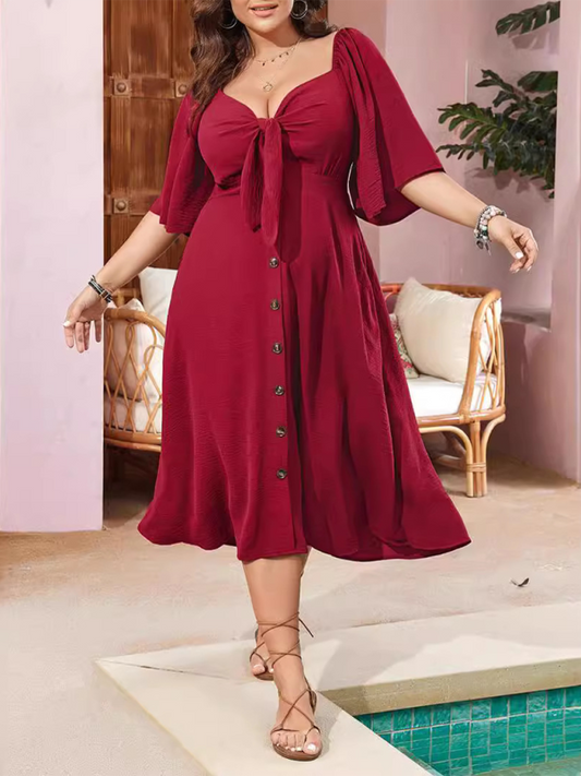 Plus Size Bow V-Neck Short-Sleeved Dress
