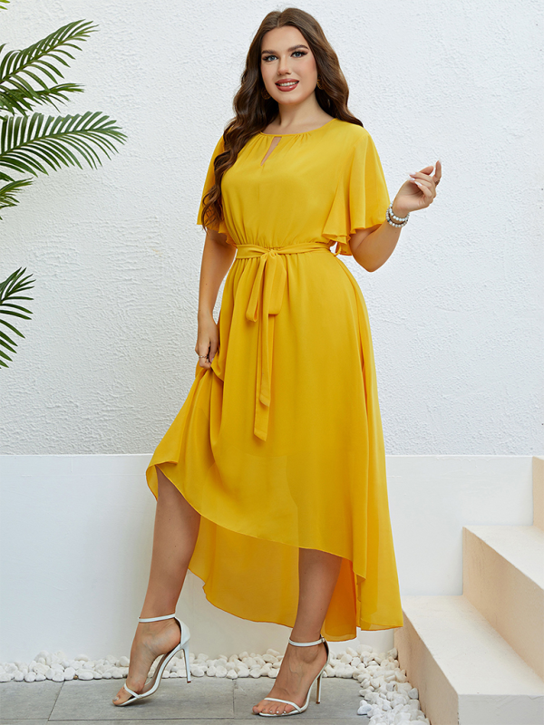 Plus Size Women's Yellow V-Neck Strappy Waist Dress
