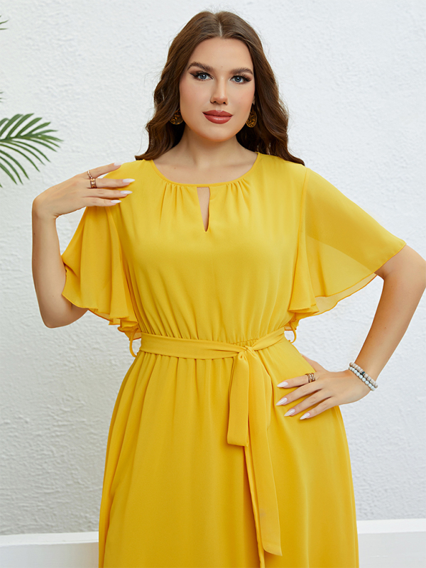 Plus Size Women's Yellow V-Neck Strappy Waist Dress