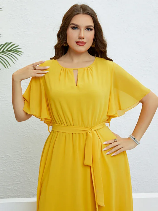 Plus Size Yellow V-Neck Dress with Strappy Waist for Women – Stylish and Comfortable - Shello's Creative Boutique