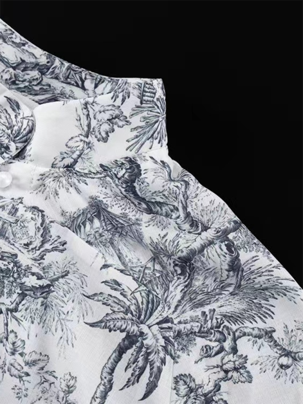 Ink printed puff sleeves, stand collar, lace-up retro a-line short dress Shello's Creative Boutique