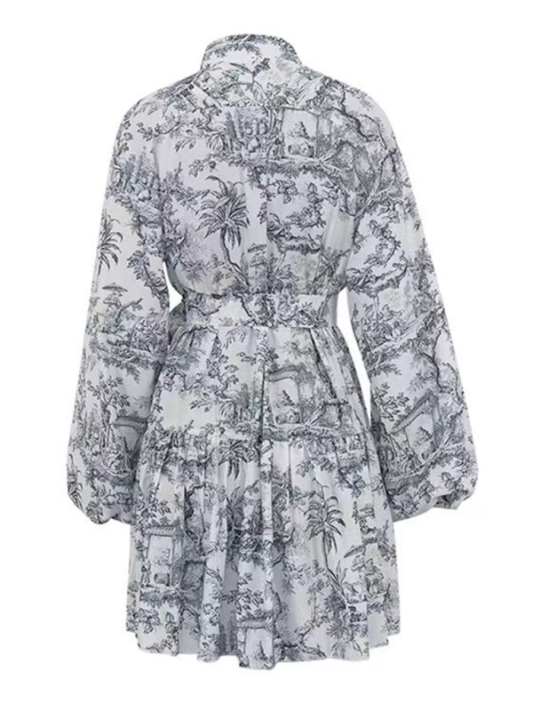 Ink printed puff sleeves, stand collar, lace-up retro a-line short dress Shello's Creative Boutique