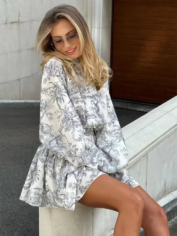 Ink Printed A-line Short Dress with Puff Sleeves and Stand Collar Lace-up Design - Shello's Creative Boutique
