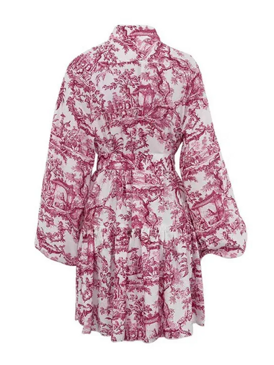Ink Printed A-line Short Dress with Puff Sleeves and Stand Collar Lace-up Design - Shello's Creative Boutique