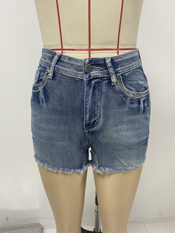 New American retro embroidered slim fit raw edge denim shorts Shello Creative Boutique
