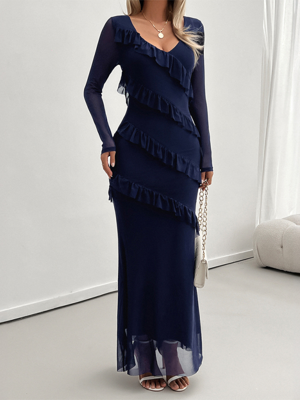 Long-Sleeved Women's Temperament Slim Mesh V-Neck Dress – Unleash Your Confidence with Elegance