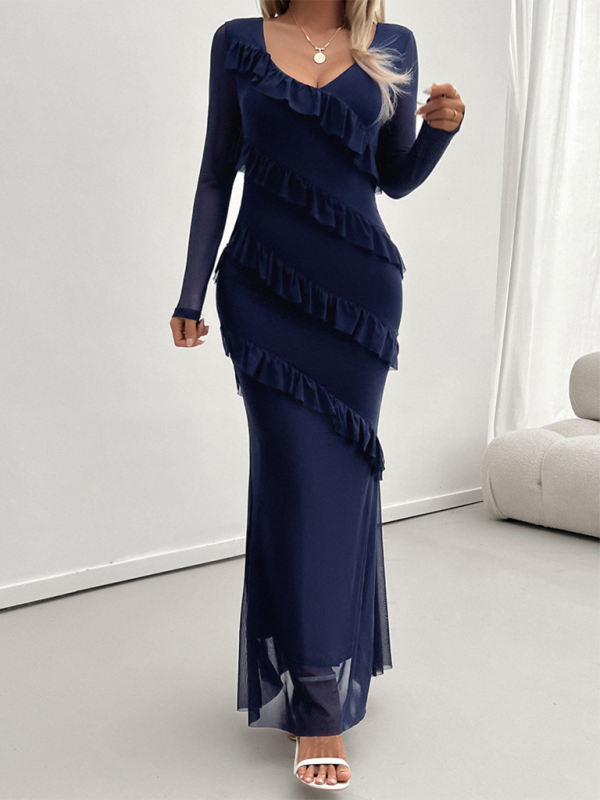 Long-Sleeved Women's Temperament Slim Mesh V-Neck Dress – Unleash Your Confidence with Elegance