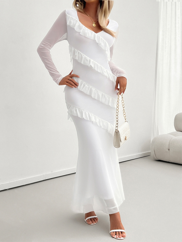Long-Sleeved Women's Temperament Slim Mesh V-Neck Dress – Unleash Your Confidence with Elegance