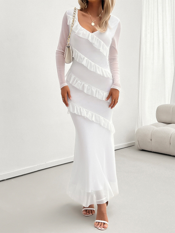 Long-Sleeved Women's Temperament Slim Mesh V-Neck Dress – Unleash Your Confidence with Elegance