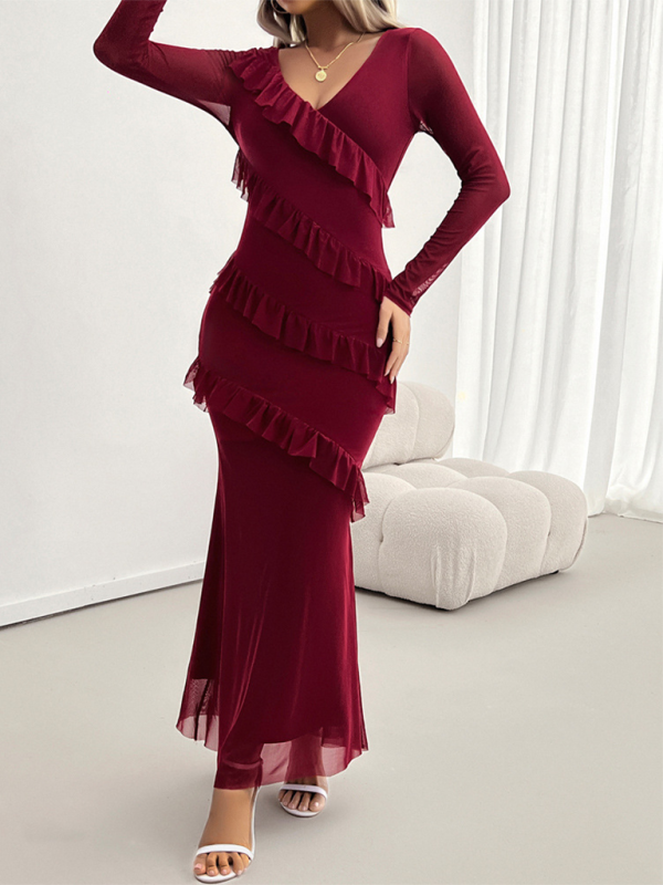 Long-Sleeved Women's Temperament Slim Mesh V-Neck Dress – Unleash Your Confidence with Elegance