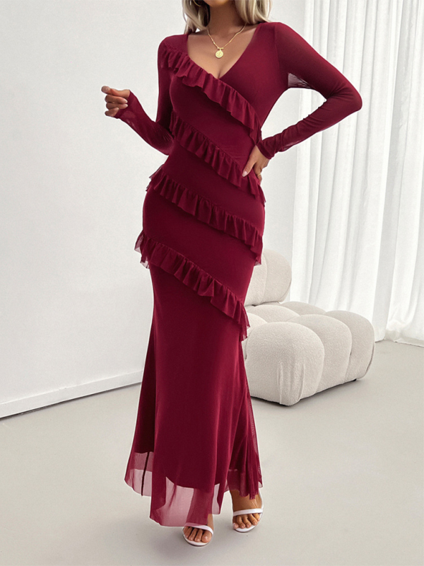 Long-Sleeved Women's Temperament Slim Mesh V-Neck Dress – Unleash Your Confidence with Elegance