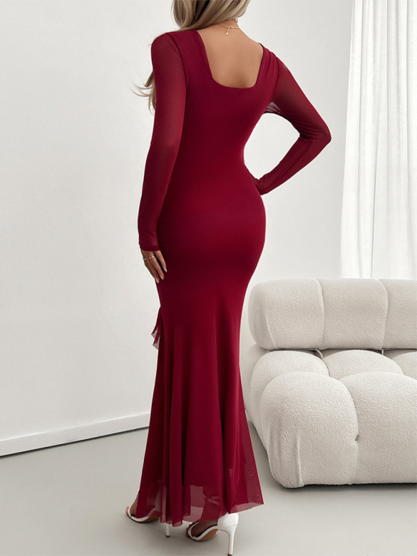 Long-Sleeved Women's Temperament Slim Mesh V-Neck Dress – Unleash Your Confidence with Elegance