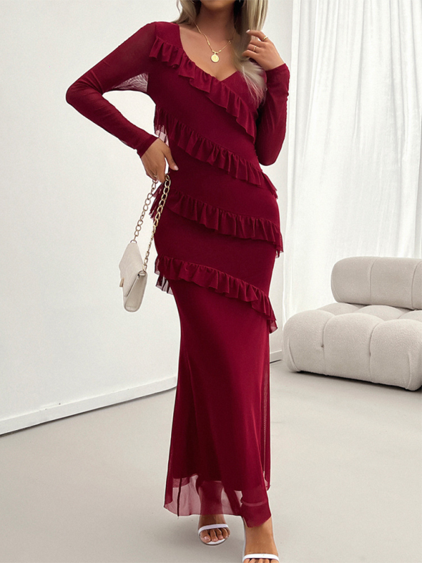 Long-Sleeved Women's Temperament Slim Mesh V-Neck Dress – Unleash Your Confidence with Elegance