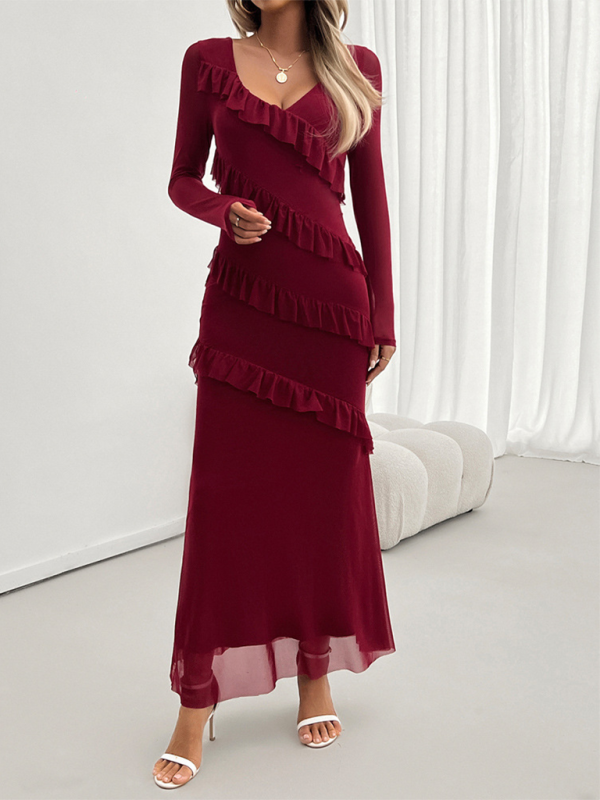 Long-Sleeved Women's Temperament Slim Mesh V-Neck Dress – Unleash Your Confidence with Elegance
